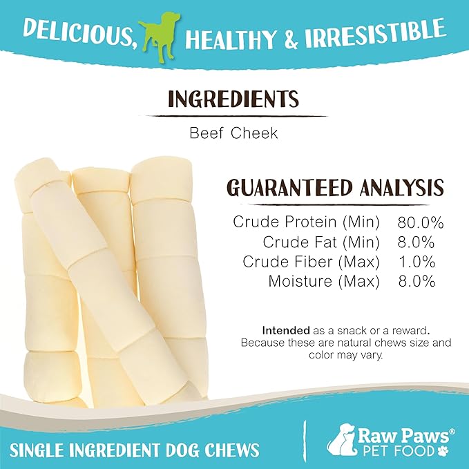 Raw Paws Beef Cheek Rolls for Dogs Large - 10 inch (25 Pack) - Packed in USA - Free-Range, Rawhide Alternative Dog Chews - Retriever Rolls - Beef Cheeks for Dogs