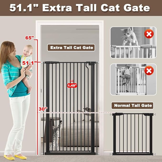 Fairy Baby 51.18" Extra Tall Cat Gate, 29.5"-32.6" Adjustable Width Auto Close Encrypted Tall Pet Dog Gate, Cat Proof Metal Gate Indoor for Doorway Stairs, Pressure Mounted Child Safety Gates, Black