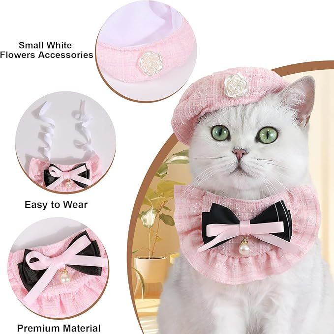 HOWWFALY 2PCS Cat Beret Hat with Small Camellia, Adjustable Satin Bowtie Bandana Scarf Set Pet Princess Costume for Halloween Christmas, Cat Dog Birthday Party Apparel (Pink Bow)
