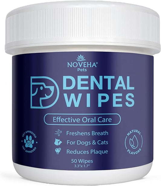 NOVEHA 50PCs Pets Dental Finger Wipes for Dogs & Cats | Freshens Breath, Reduces Plaque | Healthier Gums | Clean Teeth No Toothbrush | Vet Recommended Effective Natural Oral Care | Flavor-Free