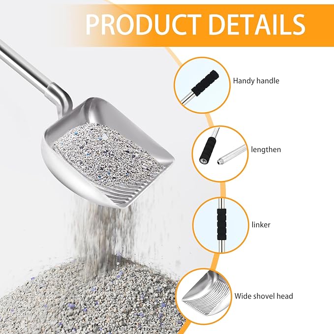 Metal Cat Litter Scoop - 32in Metal Deep Shovel - Removable Stainless Steel - No Bending Back Heavy Duty Cat Litter Scoop - Non-Stick Long Handle Cat Litter Scooper