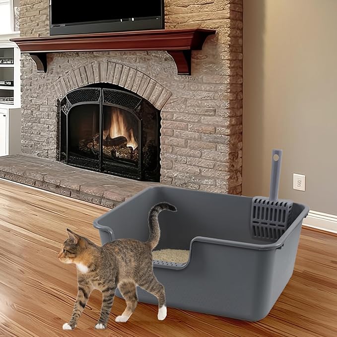 Readsky Large Cat Litter Box with High Sides, Open Top Cat Litter Tray with Scoop, 4-Pack, Gray