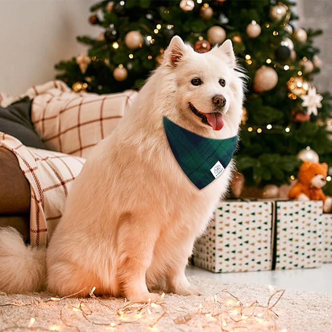 E-Clover Christmas Dog Bandanas Boy & Matching Scrunchie Set Plaid Dog Bibs Scarf Triangle Kerchief Bandana for Medium Large Dogs Birthday Gifts Pet Owner Mom Green Winter