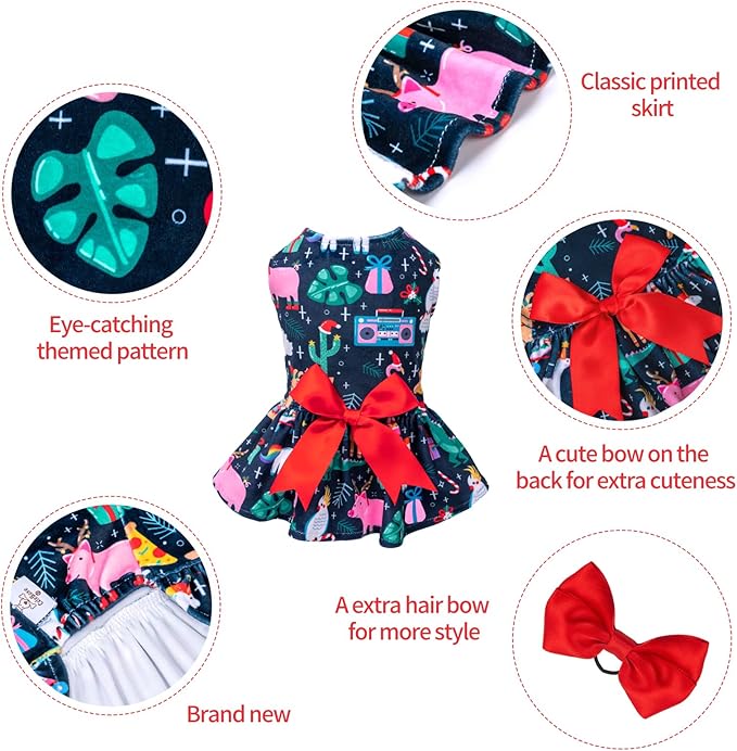 CuteBone Christmas Dog Dresses Outfit Velvet Holiday Small Dogs Clothes Onesie Pet Apparel Girl Puppy Skirt with Bow Hair Rope CVA32M