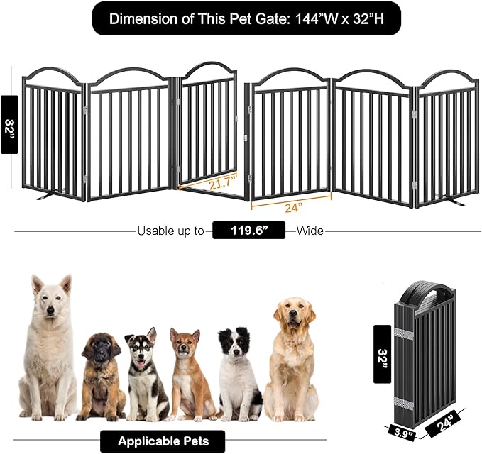 UDD Dog Gate Indoor 144" Extra Wide, 32" Tall Foldable Pet Gate with Door for Stairs Doorways Hallways Porch, Freestanding No Drilling Metal Pet Fence for Dogs Puppy, Black 6-Panel