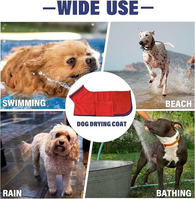 Dog Drying Coat - Fast Drying Dog Towel Robe - Microfiber Super Absorbent Pet Bathrobe, Adjustable Collar & Belly Strap Fast Drying Bath Robe Towel (Medium, Red)