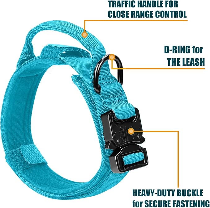 Tactical Dog Collar and Bungee Leash,Military Dog Collar & Leash Set with USA American Flag Adjustable K9 Collar with Heavy Duty Metal Buckle & Handle,with Patches and Airtags Case (Light Blue, XL)