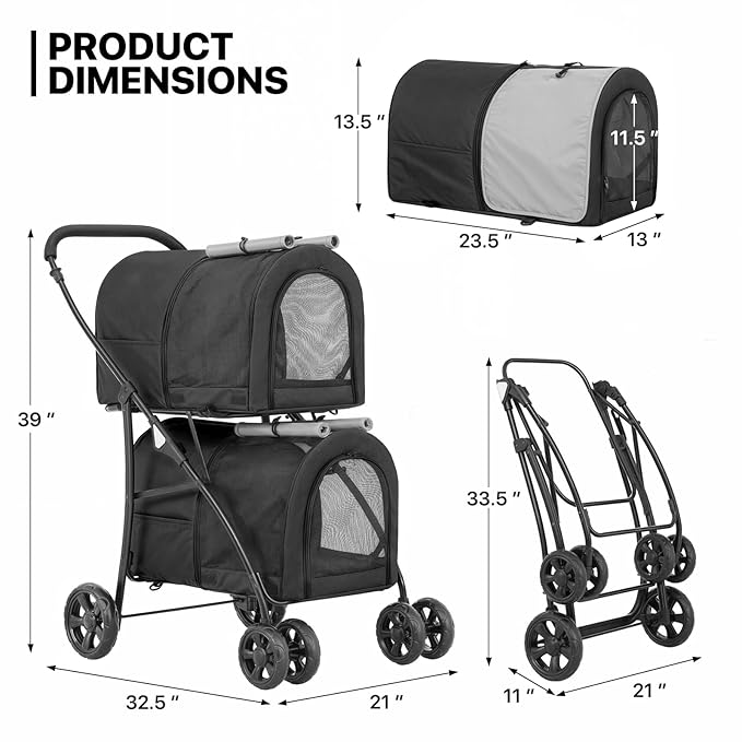 MoNiBloom Double Dog Stroller with Detachable Carrier Bags Large 4 Wheels Foldable Jogger for Small and Medium Dog Cats, Black/Gray