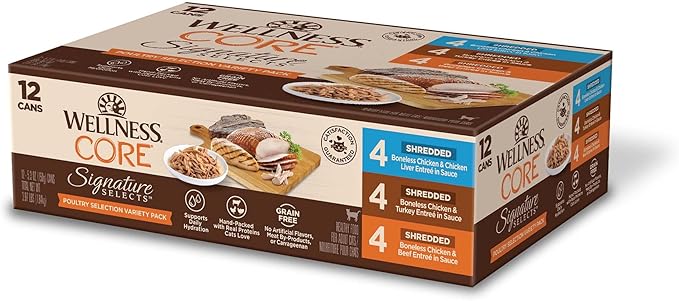 Wellness CORE Signature Selects Shredded Adult Wet Cat Food, Natural, Protein-Rich, Grain Free, 5.3 Ounce, 12 Pack (Poultry Variety Pack)