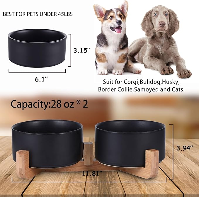 Petygooing Dog Bowls,Black Ceramic Cat Dog Bowl Set with Wood Stand for Pet Food and Water,Non-Slip Cute Modern Pet Dish Set for Cats Small and Medium Dogs (28OZ/6.1 in)