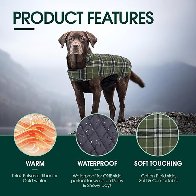Kuoser Warm Dog Coat, Waterproof Dog Jacket for Extra Large Dogs, Adjustable Durable XL Doggie Winter Coat Reversible Cozy Puppy Cold Weather Apparel from Small to Large Breed, Green XL