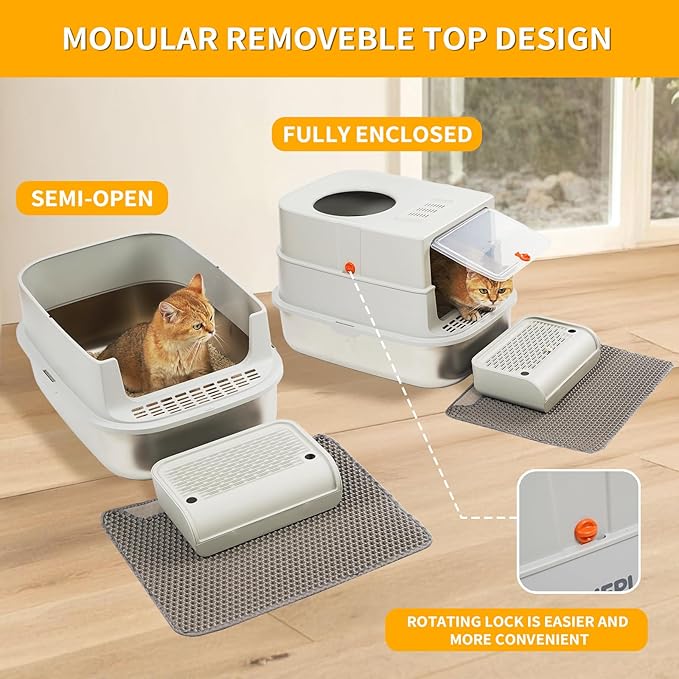 Stainless Steel Cat Litter Box with Lid, Extra Large Cat Litter Box for Large Cat, Metal Litter Pan with High Sided Enclosed and Scoop, Front & Top Entry, Anti-Leakage, Easy to Clean, Grey