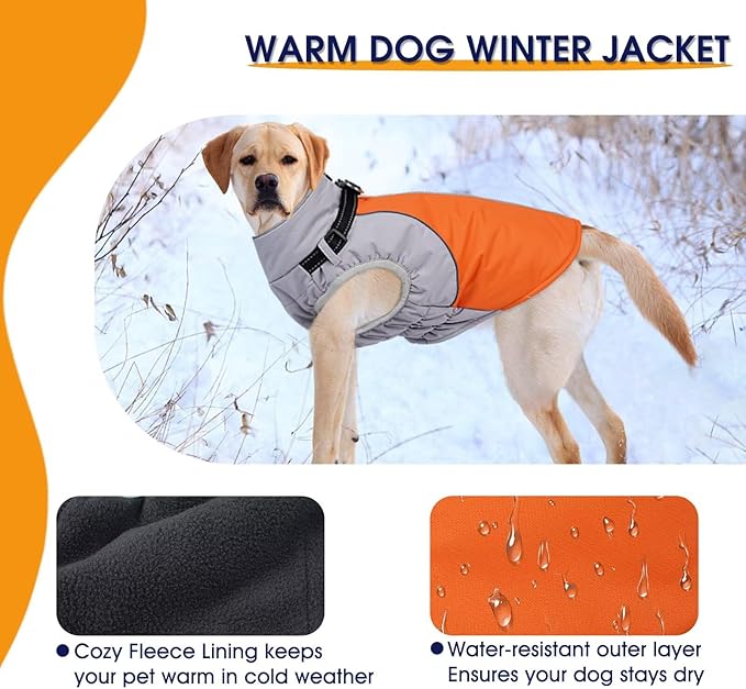 Reflective Dog Coat with Harness Built in,XL Soft Warm Dog Jacket for Cold Weather,Windproof Snowproof Pet Vest for Outdoor Walking Hiking,Adjustable Collar Easy On/Off,Orange,XL