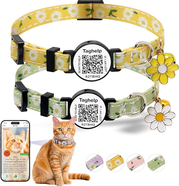 QR Code Breakaway Cat Collar 2-Pack, Safety Collar with Online Pet ID Profile, Flower Bell Collars for Lost Cat Prevention,Ideal for Girl Cats Boy Cats(Yellow&Green)
