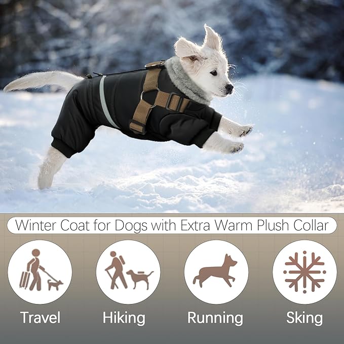 BRKURLEG Black Dog Coat with Harness, Dog Winter Jacket, Dogs Onesie Body Warm Jackets, Small Medium Dogs Winter Coats Reflective Windproof Warm Cold Weather Coats, Pet Waterproof Jacket Hiking XXL