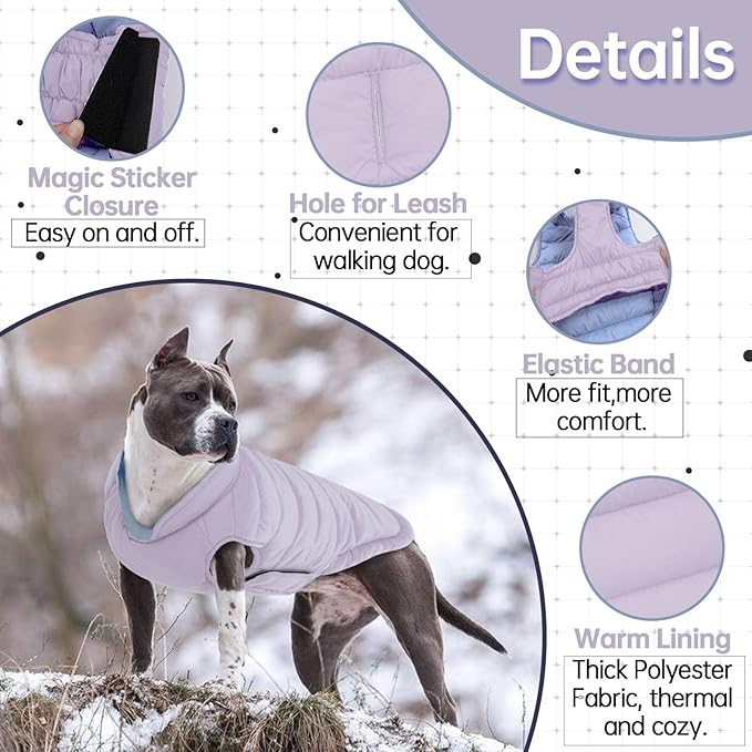 Lelepet Reversible Dog Coat Waterproof Dog Jacket Windproof Puffer Vest for Winter Warm Lightweight Coats for Small Dogs Adjustbale Hook & Loop Pet Apparel with Leash Hole, Pug, Purple, M