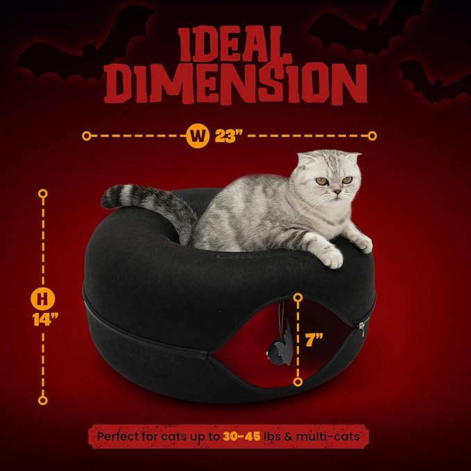 Cattasaurus Halloween Peekaboo Cat Cave for Multiple & Large Cats Up to 30-45 Lbs, Scratch Detachable & Washable Tunnel Bed, Comfy Donut Cat Cave (Gothic Bat, Large)