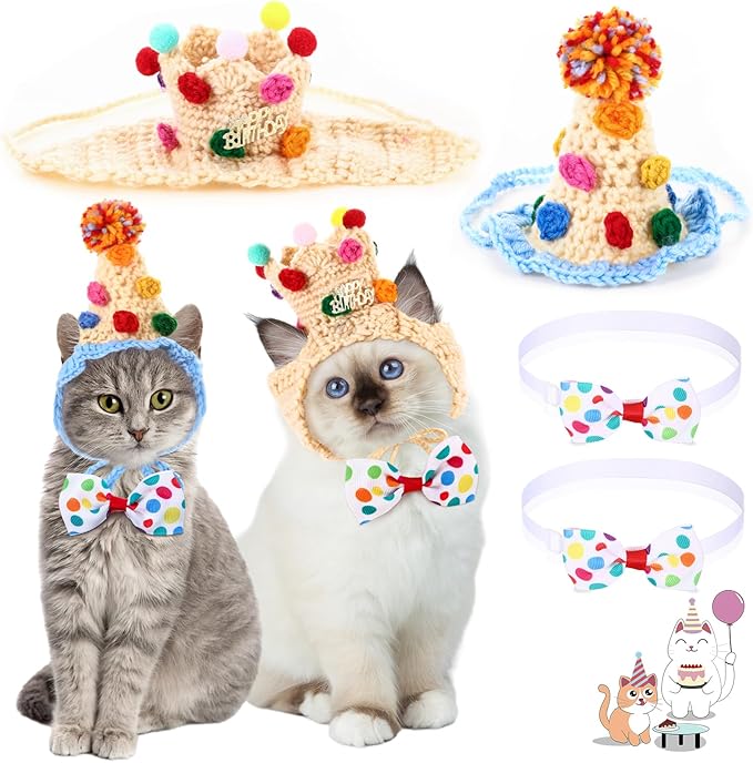 Ganeen 4 Pack Cat Birthday Hat Crochet Happy Birthday Cat Party Outfit Small Animal Top Hats Headband Rabbit Bow Tie Pet Hat Headband Bowtie Collar Costume for Rabbits Kittens Pet Party