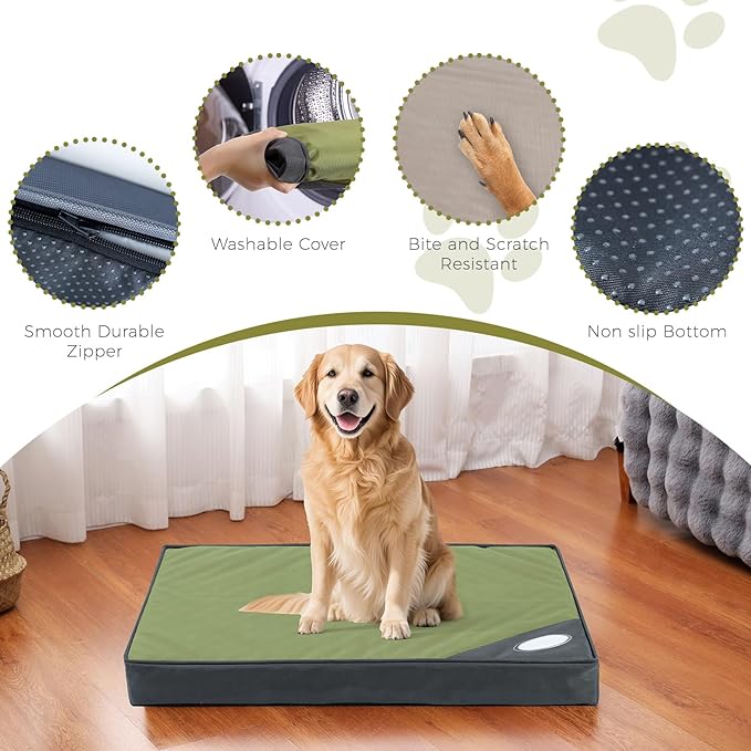 Orthopedic Outdoor Waterproof Dog Beds for Large Dogs, Washable Crate Bed with Egg Crate Foam Pet Bed Mat and Removable Oxford Fabric Cooling Cover Bed,41"x 29", Dark Green