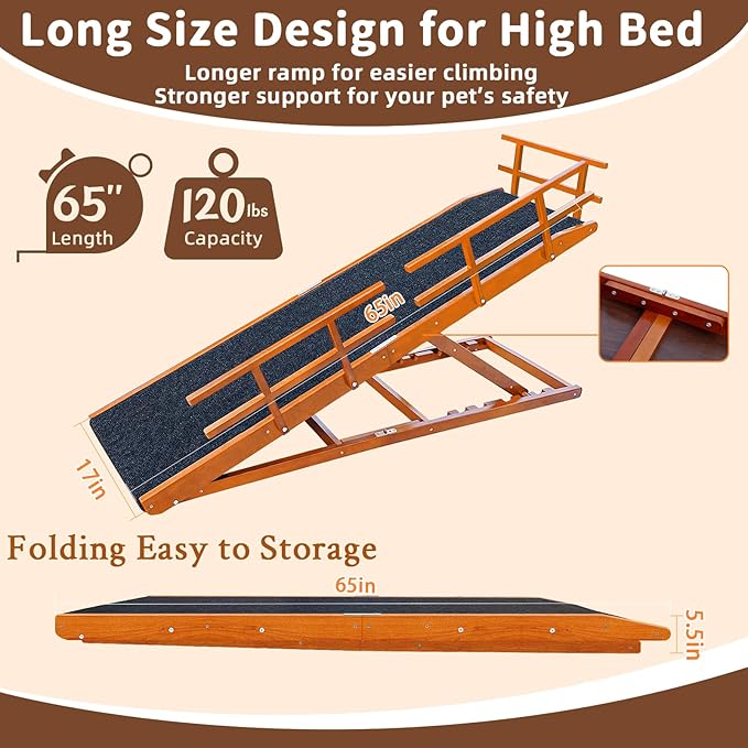 Dog Ramp for Bed - 65" Length, Supports up to 32" Height,Includes Non-Slip Replaceable Carpet, Safety Rails &Landing Platform,Adjustable & Foldable Pet Ramp for Large/Senior Dogs to Get on Bed-Walnut