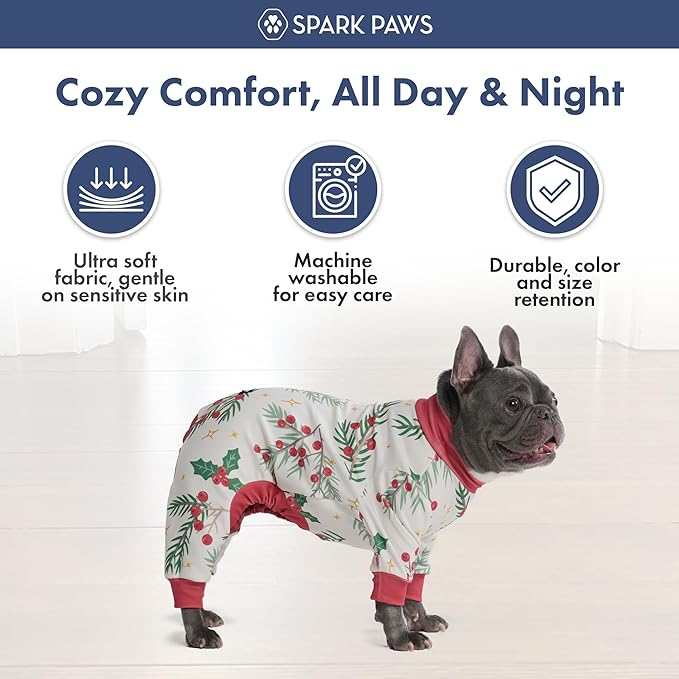 Spark Paws Dog Christmas Pajama, Dog Recovery Suit Male, Onesie, Ultra-Soft and 4-Way Stretch, for Small Medium and Large Breeds - Mistletoe - S