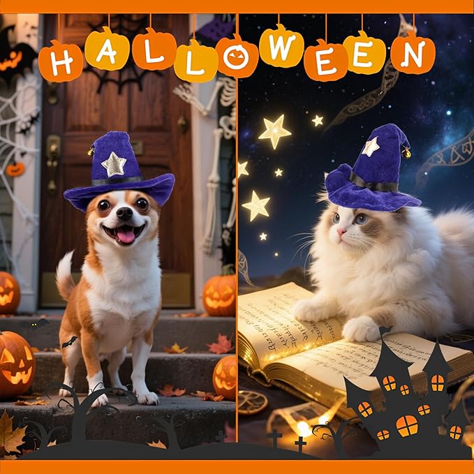 LESYPET Cat Costume Hat, Cat Wizard Hat with Bell, Dog Halloween Costume for Halloween, Christmas, Party