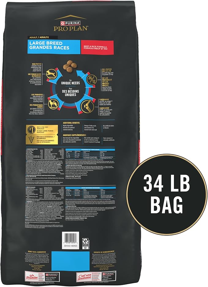 Purina Pro Plan Large Breed Dry High Protein Dog Food with Probiotics for Dogs, Beef and Rice Formula - 34 lb. Bag