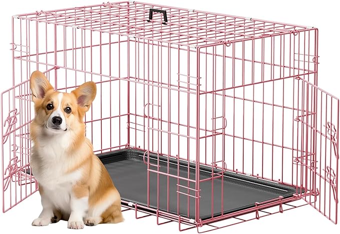 FDW 30inch Dog Crate Pet Cage with Metal Folding Design Plastic Tray Indoor Outdoor Dog Kennel Cage for Small and Medium Dogs,Pink