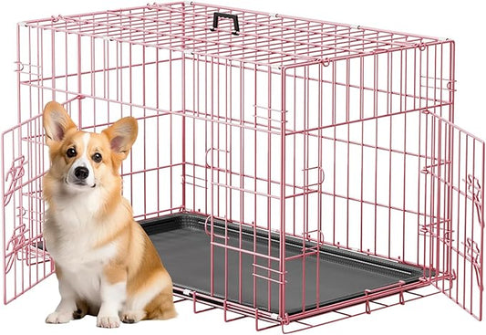 FDW 30inch Dog Crate Pet Cage with Metal Folding Design Plastic Tray Indoor Outdoor Dog Kennel Cage for Small and Medium Dogs,Pink