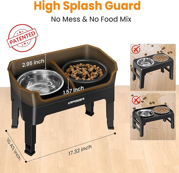 URPOWER Mess Proof Elevated Dog Bowls 4 Height Adjustable Raised Dog Bowl Stand with Stainless Steel Bowl, Slow Feeder & Licking Plate for Small, Medium & Large Dogs