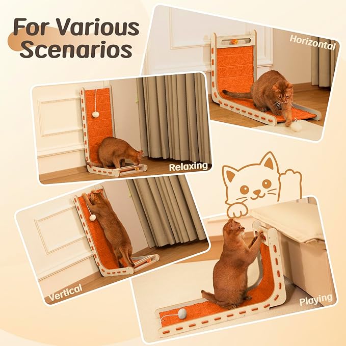 L Shaped Cat Scratcher with Ball Toy Felt Standing Cat Scratching Board for Indoor Cats Adults Vertical Scratch Pad Furniture Protector Kitten Toys 26.8 Inch-Orange