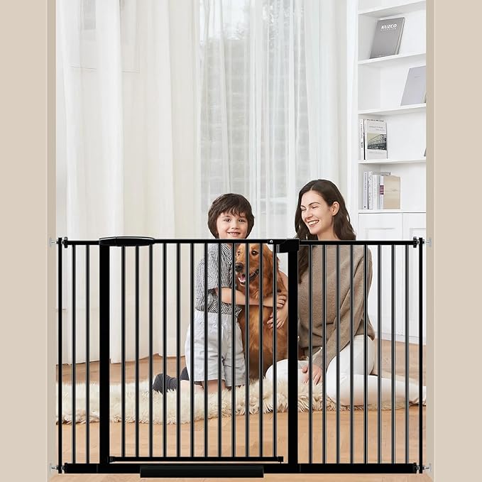 Extra Wide Baby Gate 30.11-77.36",Ultra Narrow 1.37" Spacing Dog Gate indoor,Double Lock Auto Close Pet Gate for House,Pressure Mounted Baby Gate Easy Walk Through Pet Gate for Hallway(Black)