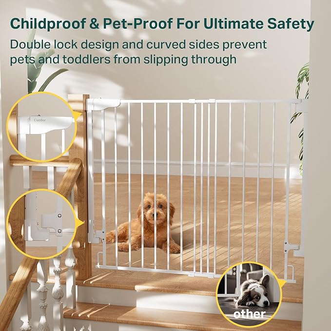 Cumbor 34" Extra Tall No Bottom Bar Baby Gate for Stairs, Wall Mounted Dog Gate Indoor for Larger Pets, Expandable 29.2-43" Safety Gate for Doorways, Wide Walk Thru Door for Easy Access (White)