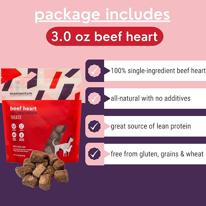 Momentum Carnivore Nutrition Freeze-Dried Beef Heart Dog Treats – Single-Ingredient, Dog & Cat Treats – High-Protein, Grain-Free– 3 oz Bag
