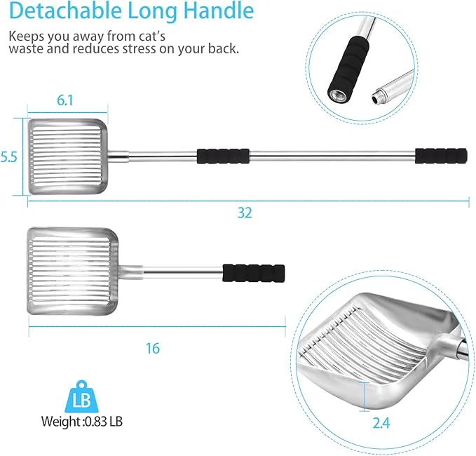 Metal Cat Litter Scoop - 32in Metal Deep Shovel - Removable Stainless Steel - No Bending Back Heavy Duty Cat Litter Scoop - Non-Stick Long Handle Cat Litter Scooper