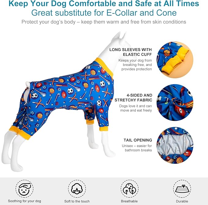 LovinPet Large Dog Onesies for Surgery Recovery, Dog Pajamas for Large Dogs,Lightweight Stretchy Fabric,Blue Sports Print,Dog Pajamas for Surgery Recovery, Easy to Wear, Onesies for Dogs, Medium