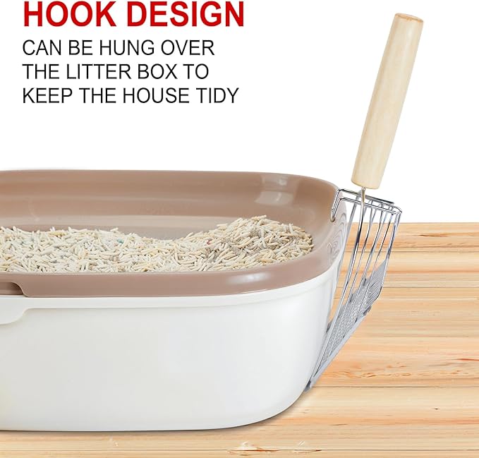 Ownpets Iron Metal Cat Litter Scoop, Heavy Duty Kitty Litter Scooper & Speed Sifter to Catch Small & Large Clumps, with Eucalyptus Wood Handle, Non-Stick Deep Shovel for Effective cleanup