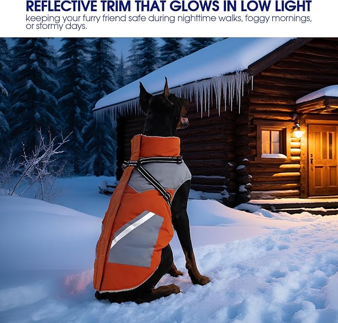 FUAMEY Dog Winter Jackets for Large Dogs,Dog Coat with Harness Built in,Waterproof Dogs Snowsuits Warm Pet Jacket Zip Up Fleece Cold Weather Coats Reflective Puppy Vest with Pocket Orange L