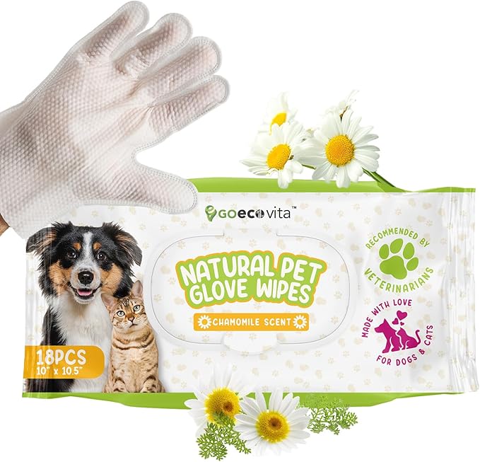 Pet Glove Wipes for Dogs & Cats | Nourish & Clean Fur & Skin | Coconut Oil & Chamomile Rinse-Free Wipes | Bathing Glove Wipes for Daily Care and Traveling | Natural, Hypoallergenic (18 Pack)