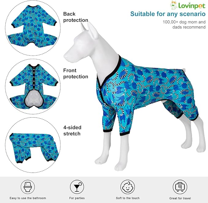 LovinPet Pitbull Pjs for Dogs, Pet Anxiety Relief, Uv Protection Dog Clothes, Comfy Stretchy, Lightweight Fabric, Lemur Print, Large Dog Pjs, Pitbull Clothes,Large