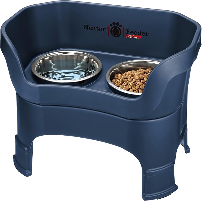 Neater Feeder Deluxe Mess Proof Dog Bowls Elevated for Large Dogs – Made in USA – No Spill Raised Dog Food Bowl Stand w/Leg Extensions – Stainless Steel Food and Water Bowl Set – Dark Blue