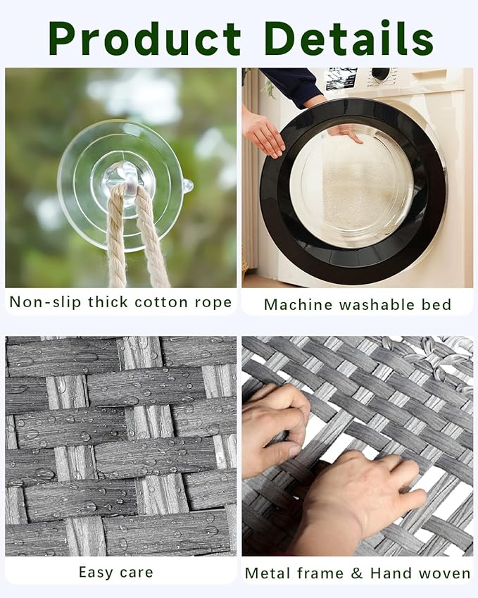 Cat Window Perch, Cat Window Hammock Bed for Indoor Cats, Large Handwoven PE Rattan Window Seat, 4 Suction Cups, Double Sided Washable Cushion Bed, 2.3 Inch Fence Shelf, for Pet Kittens Gray