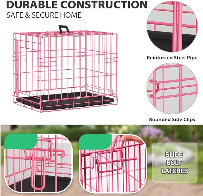 BestPet | Dog Crate | 18" | Pink | Foldable Metal Kennel with Single Doors, Secure Slide-Bolt Latches, Leakproof Tray | Portable Dog Cage for Small Breeds | for Travel, Indoor & Outdoor Use