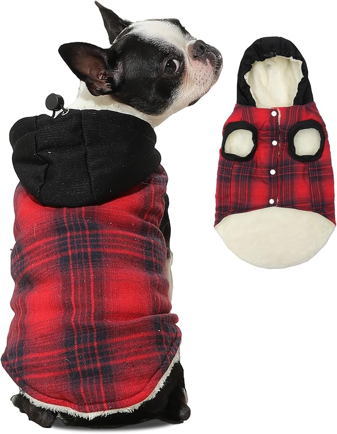 Fleece Lining Dog Hoodie for Small Dogs Extra Warm Plaid Sweater with Drawstring Hooded Coats in Winter Puppy Jacket,Red XS