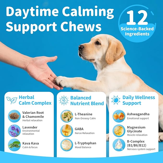 Calming Chews for Dogs – Calming Treats for Anxiety, Stress, Separation, Travel & Thunder, Non-Drowsy Alternative to Melatonin, Calm & Focus with Chamomile & Ashwagandha, Chicken Flavor, 90Ct