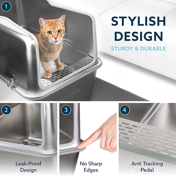XXL Stainless Steel Litter Box with Lid 30L Capacity 16" Inch High Sides, Leak Proof Anti Tracking Pedal Non Stick Easy Clean Splash Proof Removable Top for Large and Multi Cats Includes Scoop & Mat