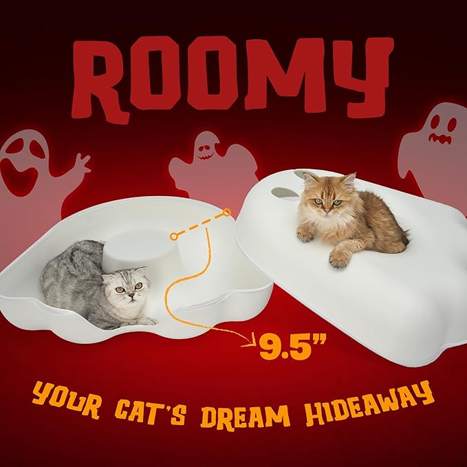Cattasaurus Gothic Halloween Peeka-Boo Cat Cave, Extra Spacious for Multiple & Large Cats 15+ lbs, Scratch Detachable Cat Beds for Indoor Cats, Washable Tunnel Bed (White Ghost, Jumbo)