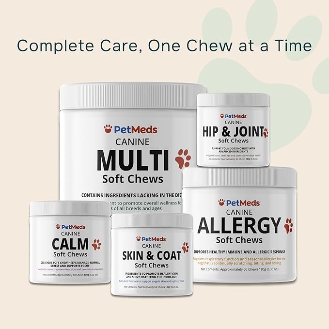 PetMeds Skin & Coat Supplement for Dogs - Fish Oil, Omega 3, Vitamin E, & Biotin for Dry, Itchy Skin & Shedding Relief - Healthy Skin & Shiny Coat - Beef & Sweet Potato Flavor - 60 Soft Chews