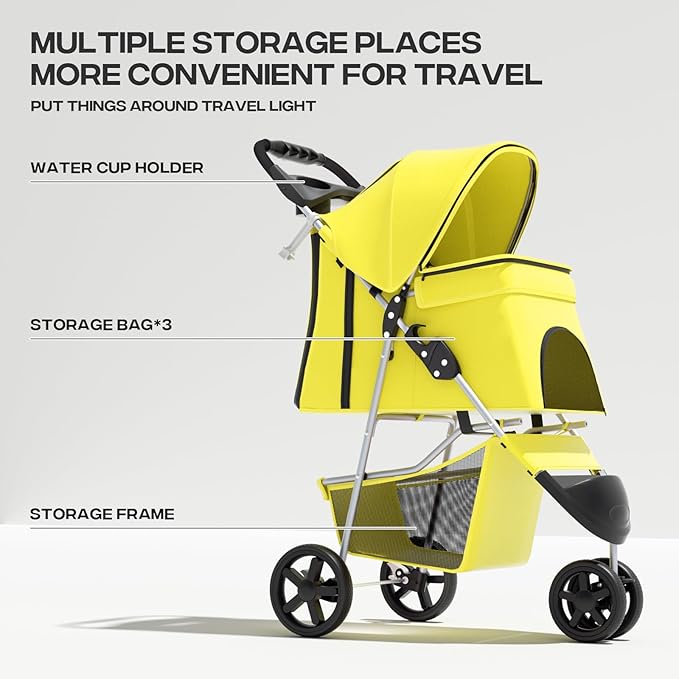 Cat & Dog Stroller, 3-Wheels Foldable Pet Stroller for Medium/Puppy Dogs & Cats, 30 Lbs, Yellow Mesh with Storage Basket & Cup Holder