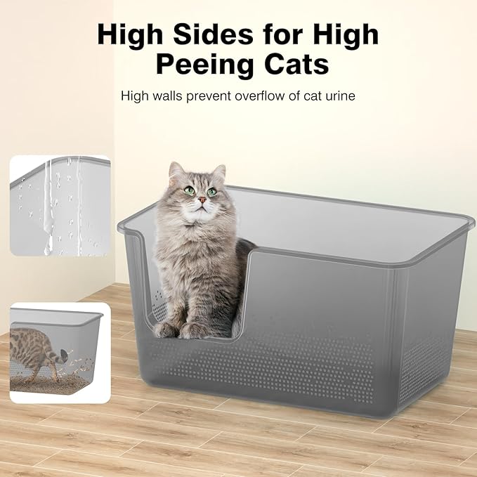 Extra Large Cat Litter Box with High Sided,24.8" Lx11.4 Wx13 H,Clear Jelly Color, Jumbo Litter Box for Big Cats,XL Cat Box for Multiple Cats,Kitty,Giant,Anti-Splashing,Easy to Clean (Grey)